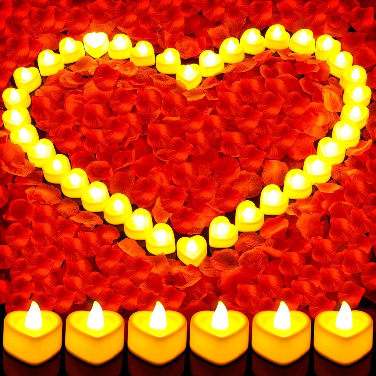 Rose Petals and Candles Set for Romantic Decoration, 3000 Pcs Red Rose Petals and 36 Pcs Heart Candle Lights for Special Night
